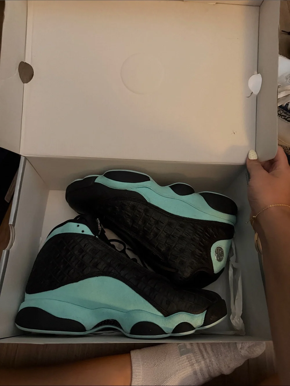 Jordan Men's Black and Teal Retro Sneakers with Box